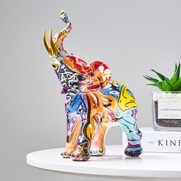 Decorative Objects Figurines Graffiti Colourful Painting Elephant Sculpture Figurine Art Statue Creative Resin Crafts Home Porch Desktop Decor 230710