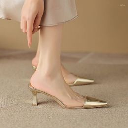 Slippers Shoes Woman 2023 Casual Heeled Mules Cover Toe Gold Sandals Pantofle Jelly Slides Low Luxury High Pointed Transpare