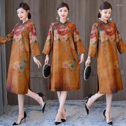 Ethnic Clothing 2023 Chinese Improved Cheongsam Dress National Flower Print Satin Qipao Elegant Party Evening Vestido