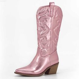 Stiefel Jeansanzug Damen glänzendes Metall Damen bestickte kniehohe Absätze rosa Schuhe L230711