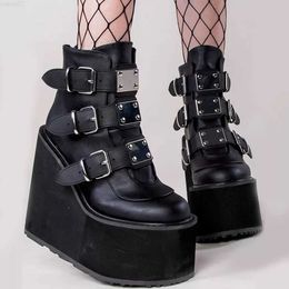 Boots Dropshipping Winter Cosplay Women Ankle Boots Goth Platform Punk Black High Heels Ladies Shoes Plus Size 41 42 43 L230711