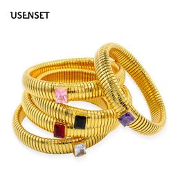 Bangle Waterproof Stainless Steel Cubic Zirconia Elastic Women Inspirational Bracelets Gold Color Hand Accessori Jewelry YS156 230710