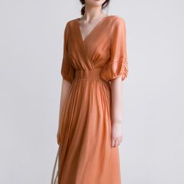 Casual Dresses Design Sense Bubble Sleeved Orange Dress For Women's Summer Temperament V-neck Chic Waistband A-line Skirt Tiansi Long