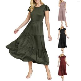 Casual Dresses Plus Size Summer For Women Flutter Short Sleeve Round Neck Pleated Ruffles Tiered Midi Dress Loose Party A Line