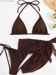 Women's Swimwear Sexy Solid Brown Bikini Set Women's Rib Strap Up Push Net Ski Swimwear 2023 Brazil Strapless Swimwear Z230712