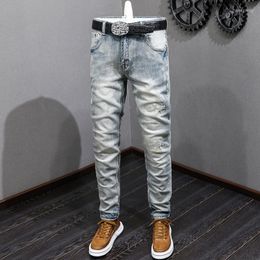 Men's Jeans Fashion Designer Men Retro Light Blue Elastic Embroidery Ripped Slim Stretch Trousers Vintage Casual Denim Pants