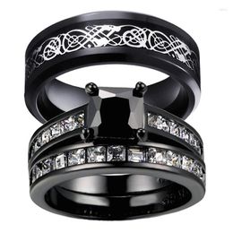 Cluster Rings Amvie Lovers Rings-Men's Stainless Steel And Women's Black Cubic Zirconia Bridal Engagement Valentine's Day Gifts
