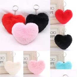 Key Rings Fluffy Pompom Chain Soft Solid Colour Heart Shape Faux Rabbit Fur Ball Car Handbag Keyring Gift Accessories Drop Delivery Je Dh7By