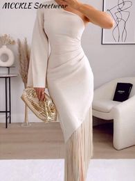 Casual Dresses Elegant Tassels Party Dress Women One-shoulder Slim Pleat Midi White Female 2023 Satin Hip Package Club Street Lady Robe
