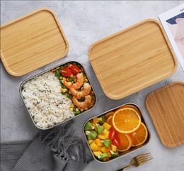 Dinnerware Sets Bamboo Stainless Steel Bento Lunch Box For Adult 1400ML Metal Storage Container Eco High Quality Wood Boxes Kids