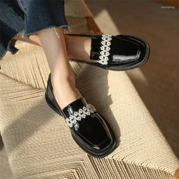 Dress Shoes Crystal Cow Leather For Women Square Toe Sandals Black Thick Heel Slip On Flats Lady Summer Zapatos Mujer