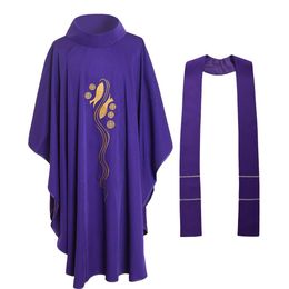 Holy Religion Costumes for Clergy Purple Church Priest Catholic Chasuble w Roll Collar Fish Embroidered Vestments 3 Styles237c