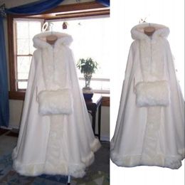Romântico venda imperdível capa de noiva com capuz branco marfim mantos de casamento longos para o inverno com peles artificiais envoltórios de noiva manto de noiva