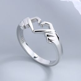 Romantic Heart Hand Hug Ring for Women Men Silver Colour Punk Love Gesture Couple Finger Ring Wedding Party Charm Jewellery Gifts