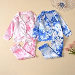 Pajamas Childrens Kids Pyjamas Silk Satin Tie Dye Print Button Tops Pants Autumn Long Sleeve Sleepwear Nightwear Girls Boys Pajama Sets 230710