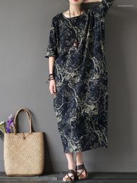 Casual Dresses Women Autumn Long Sleeve Print O-neck Dress Vintage Elegant Floral Fashion Fancy Loose A-line Oversize Hemline