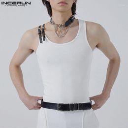 Men's Tank Tops INCERUN 2023 Korean Style Fashion Leather Buckle Patchwork Waistcoat Casual Solid Striped Sleeveless Vests S-5XL