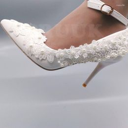 Dress Shoes 9cm Thin High Heels White Lace Flower Wedding Bride Handmade Sweet Ankle Buckle Straps Bridal Brides Pumps