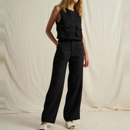 Women's Two Piece Pants Cotton And Linen Suit O Neck Vest Tank Female Solid Cargo Workwear Bottom With Pockets Loose Vintage Streetwear