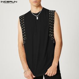 Men's Tank Tops INCERUN 2023 American Style Men Webbing D-Button Crew Neck Waistcoat Fashion Male Sleeveless Patchwork S-5XL