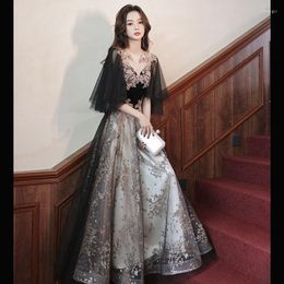 Ethnic Clothing Novelty O - Neck Lady Black Formal Party Dress Long Sleeve Mesh Gown Bandage Bling Cheongsam Elegant Applique Qipao Vestidos