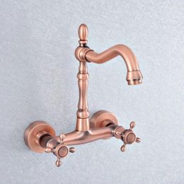 Bathroom Sink Faucets Antique Red Copper Swivel Spout Kitchen Faucet / Wall Mounted Dual Cross Handles Basin Mixer Taps Nsf863
