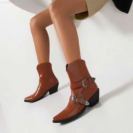 Boots Western Boots For Women Fashion Ankle Boots Cowboy Cowgirls Buckle Strap Comdy Vintage Brown Shoes Fall Winter 2022 Brand New L230712