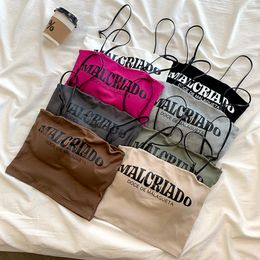 Women's Tanks Camis HELIAR Women Letter Printing Crop Tops With Bra Pad Off Shoulder Sexy Tank Tops Knitting Tops Spaghetti Crop Top For Women 230711