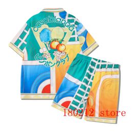 Mens Tracksuits Colorful Splic CASABLANCA Table Tennis Racket Orange Flower Shorts Set Men Women Hawaii Beach Holiday Shirt Suit 230710