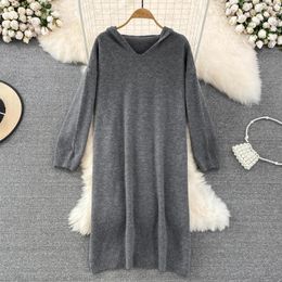 Women's Hoodies V-Neck Long Sleeve Knitted Sweater Dresses Autumn Winter Loose Casual Sweatshirt Korean Style A-Line Pullover