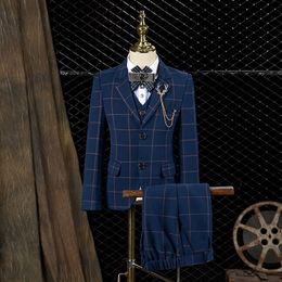 Suits Children s Formal Plaid Dress Suit Set Boy Handsome Wedding Party Piano Performance Costume Kids Blazer Vest Pants Clothes 230711