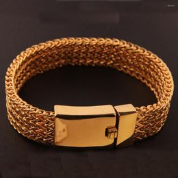 Link Bracelets 15mm Punk Jewellery 316L Stainless Steel Gold Colour Figaro Flat Chain Men's Bracelet Wristband 8.66" Square Buckle High Quality