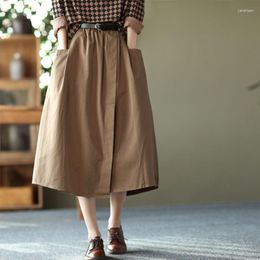 Skirts 2023 Spring Summer Arts Style Women Elastic Waist Loose Long Skirt All-matched Casual Big Pocket Cotton Solid C412