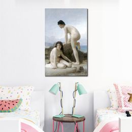 Canvas Art Two Bathers William Adolphe Bouguereau Painting Reproduction Hand Painted Portrait Artwork for Club Bar Wall Decor