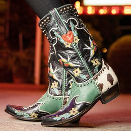Boots BONJOMARISA Western Cowboy Women Boots Cowgirl Mid Calf Boots Heart Retro Embroidered Slip On Chunky Casual Spring Shoes Woman 230711