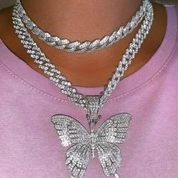 Chains Iced Out Crystal Big Butterfly Pendant Cuban Necklace Jewellery Wholesale Punk Hiphop Chunky Curb Link Chain For Women Gifts