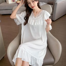 Women's Sleepwear FZSLCYIYI Spring French Court Style Sexy Lace Trim Lotus Leaf Collar Short Sleeve Satin Nightdress Nightgown