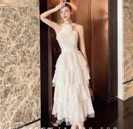 Casual Dresses 2023 Runway Desing Summer Lace Halter Party Dress Women Sexy Office Shoulder 3D Floral Pearl Button Ruffles Long Cake