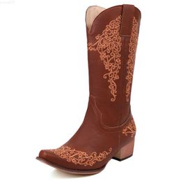 Boots Western denim sewn floral winter women's boots 2023 Retero patch work embroidery vintage denim women's shoes L230711