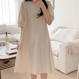 Women's Sleepwear Kawaii Korean Summer Nightgown Women O-Neck Buttons Loose Long Casual Cotton Home Clothes Sweet Short Sleeve Cute