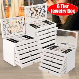 Jewellery Boxes 6 Tier Wooden Box Hollow Mirror Display Ring Storage Multi Purpose Gift Vintage Cabinet Top 230710