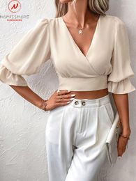 Women's Blouses Sexy Women Summer Solid Color Blouse Hollow Out Design Bandage Decor V-Neck Puff Sleeve Slim Pullovers Short Top