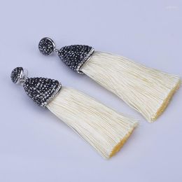 Dangle Earrings Bohemia Boho Classic Shampagne Beige Fabric Thick Tassel & Black Rhinestone Cap Connector Studs Earring For Women