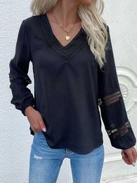 Women's Blouses Shirts T-Shirt Women Blouse Spring Autumn Casual V-Neck Lace Patchwork Long Sleeve Tops Solid Hollow Out Pullover Women Top L230712