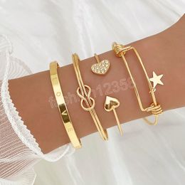 Gold Colour Metal Bracelets Set Crystal Heart Pentagram Pendant Adjustable Bracelet Intersecting Bangle Fashion Jewellery