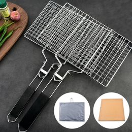 BBQ Tools Accessories 304 stainless steel folding barbecue net portable barbecue net clip square grilled fish net vegetable rack barbecue tool 230711