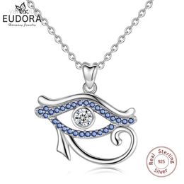 Pendant Necklaces EUDORA 925 Sterling Silver Blue crystal Ancient Egypt Eye Of Horus pendant Necklace Luck Eye Fine Jewellery Birthday Gift D341 HKD230712