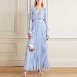 Casual Dresses Blue Maxi Dress For Women 2023 Spring Deep V-neck Elegant Pleated Bodycon High Waist Vintage Vestido Luxury Design Summer