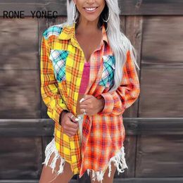 Women's Blouses Shirts Women Chic Plaid Patchwork Turn Down Collar Pocket Button Long Sleeves Straight Shirt Jacket Tops L230712