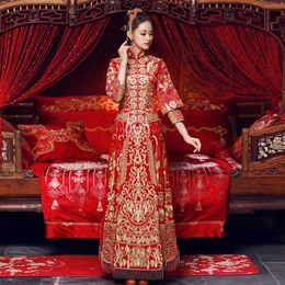 Women Red Oriental Qipao Bride Wedding Dress Gown Chinese Style Embroidery Cheongsam Toast Clothing Suit Marriage Gift Ethnic250S